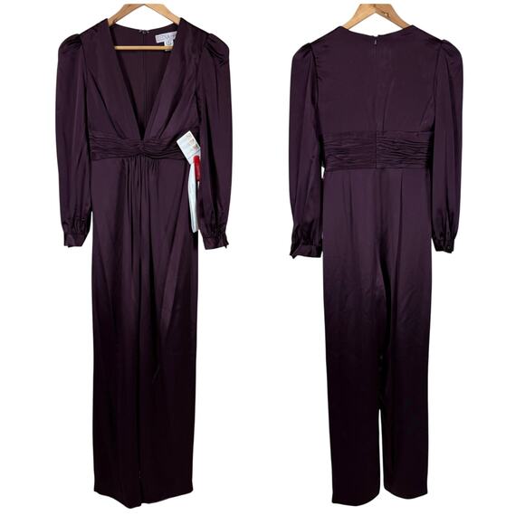 Mac Duggal NWT Plum Front Twist Puff Sleeve Deep V Jumpsuit Satin Size 4 Pockets - Picture 4 of 10